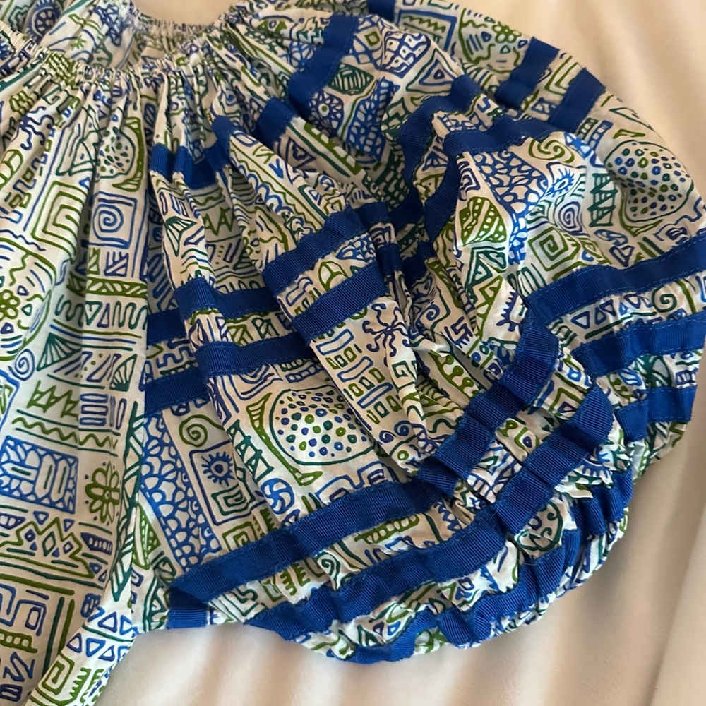 Pinch Tops Geometric Puff-Sleeve Peasant Top in Blue, White and Green- Size S - Picture 2 of 6